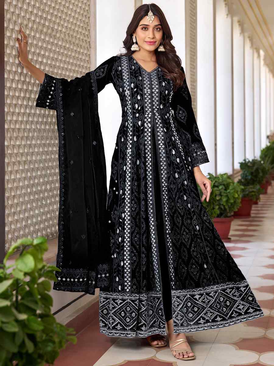 Black Heavy Faux Georgette Embroidered Festival Wedding Anarkali Salwar Kameez