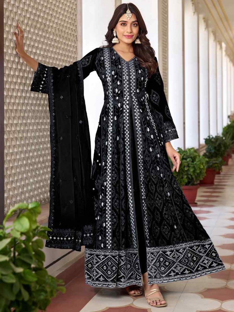 Black Heavy Faux Georgette Embroidered Festival Wedding Anarkali Salwar Kameez