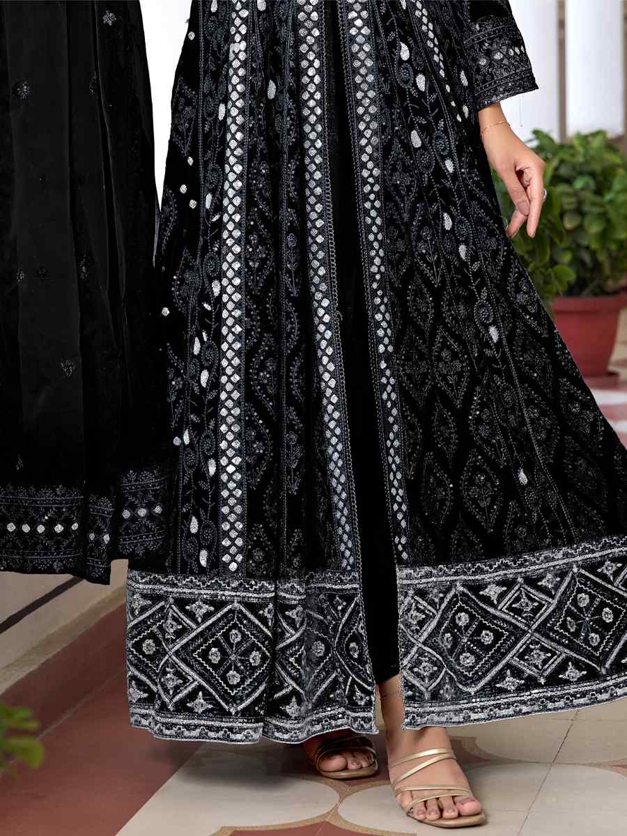 Black Heavy Faux Georgette Embroidered Festival Wedding Anarkali Salwar Kameez