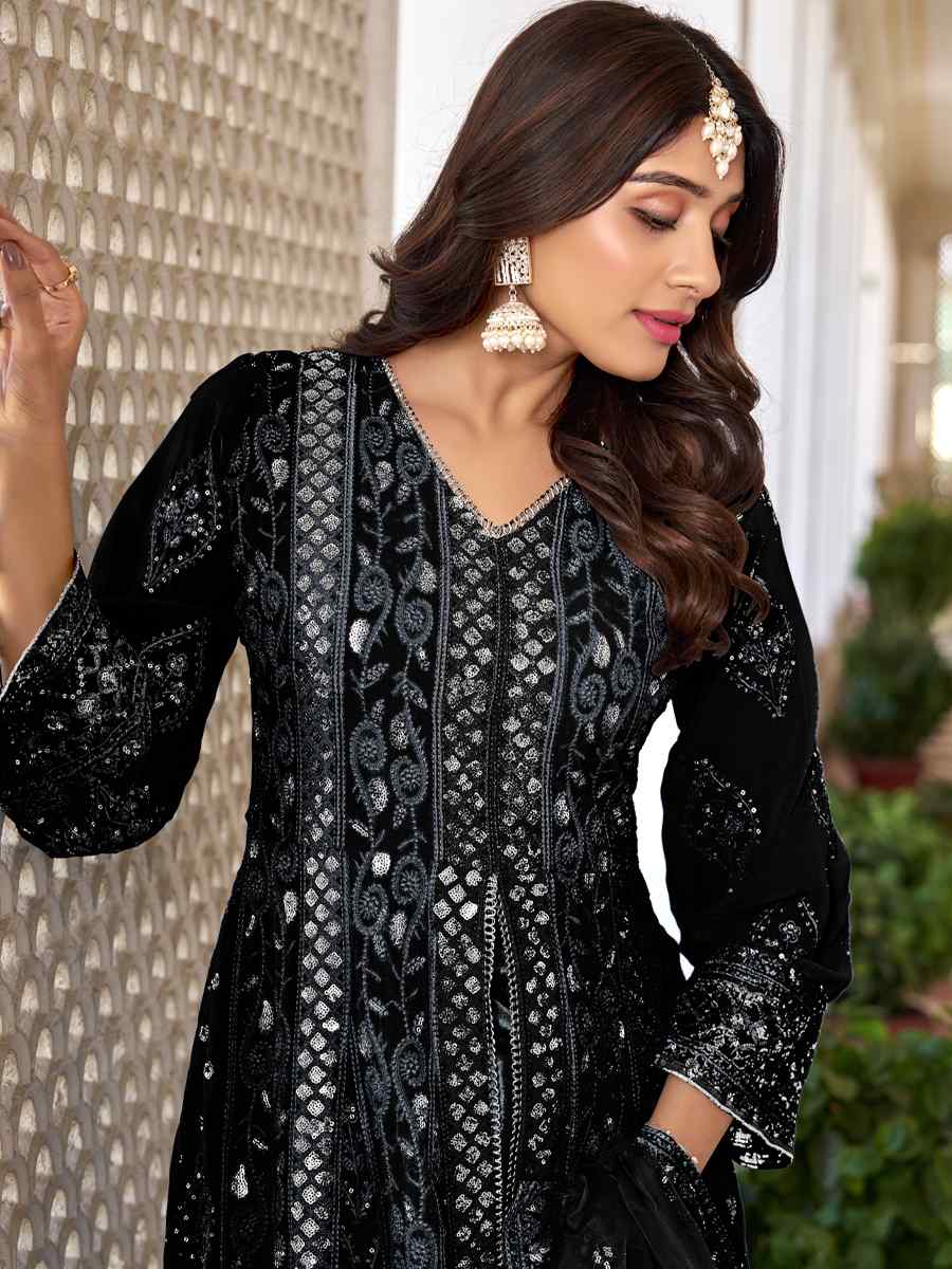 Black Heavy Faux Georgette Embroidered Festival Wedding Anarkali Salwar Kameez