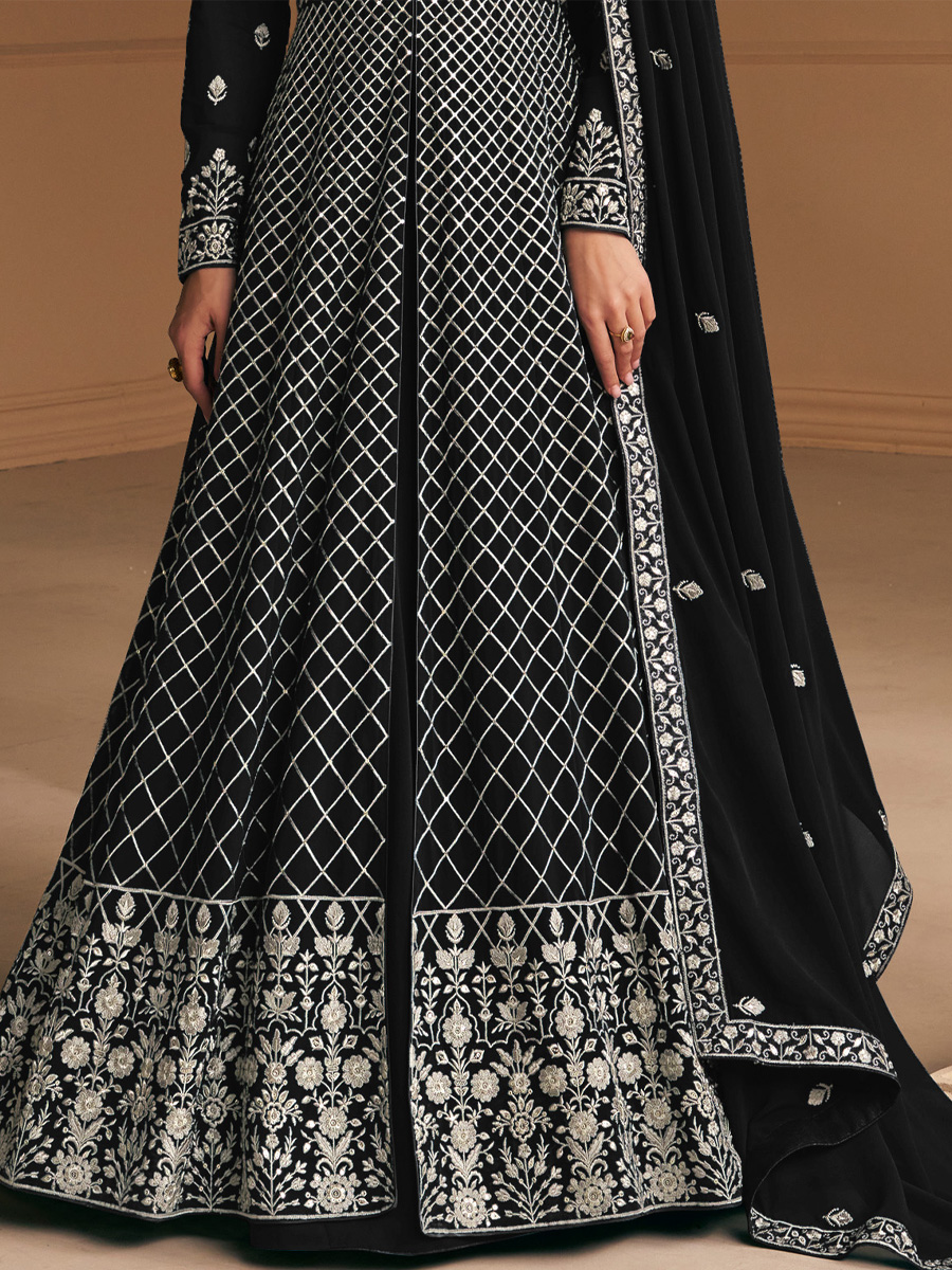 Black Heavy Faux Georgette Embroidered Festival Wedding Anarkali Salwar Kameez