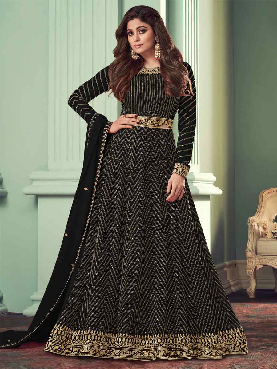 Black Heavy Faux Georgette Embroidered Festival Wedding Bollywood Style Anarkali Salwar Kameez