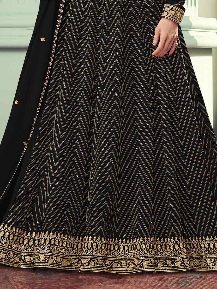 Black Heavy Faux Georgette Embroidered Festival Wedding Bollywood Style Anarkali Salwar Kameez