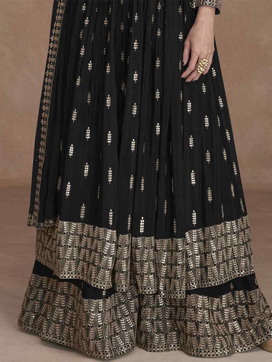 Black Heavy Faux Georgette Embroidered Festival Wedding Palazzo Pant Bollywood Style Salwar Kameez