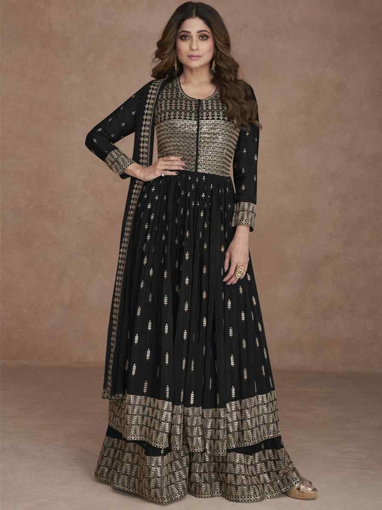 Black Heavy Faux Georgette Embroidered Festival Wedding Palazzo Pant Bollywood Style Salwar Kameez