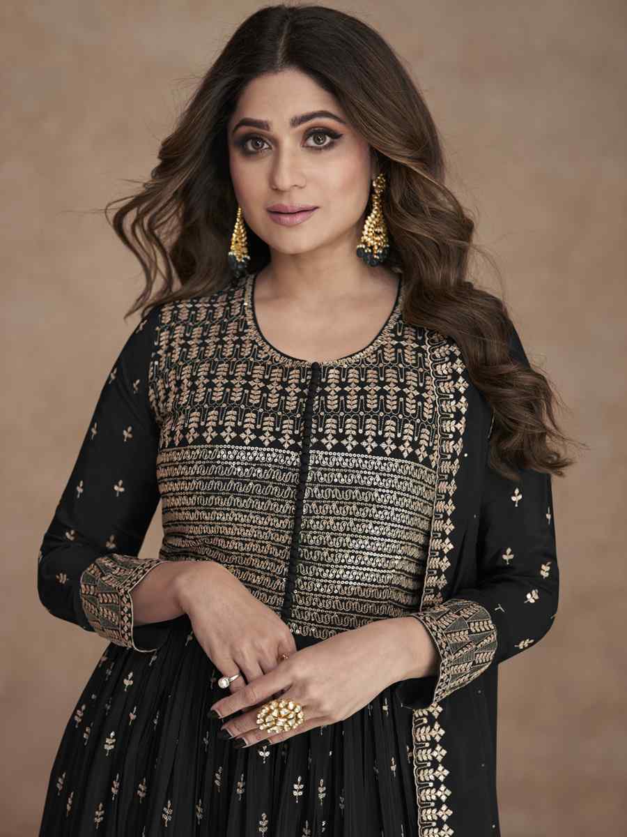 Black Heavy Faux Georgette Embroidered Festival Wedding Palazzo Pant Bollywood Style Salwar Kameez