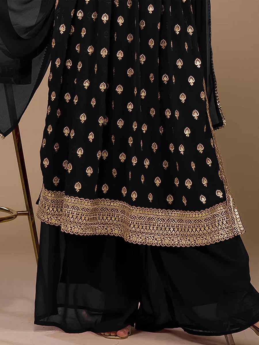 Black Heavy Faux Georgette Embroidered Festival Wedding Palazzo Pant Salwar Kameez