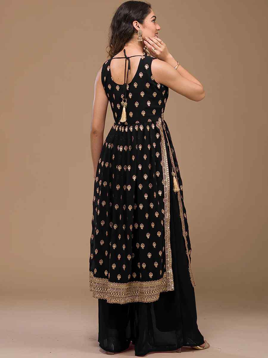 Black Heavy Faux Georgette Embroidered Festival Wedding Palazzo Pant Salwar Kameez