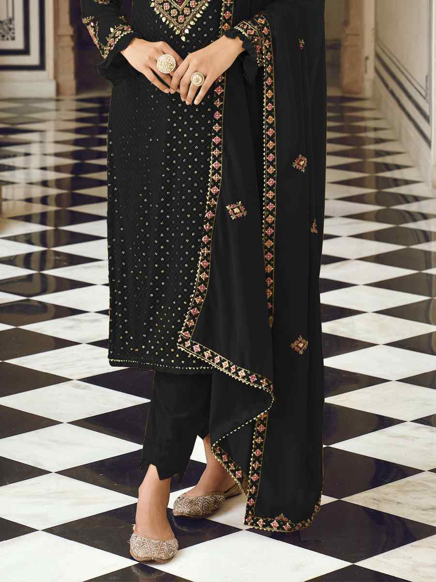 Black Heavy Faux Georgette Embroidered Festival Wedding Pant Salwar Kameez