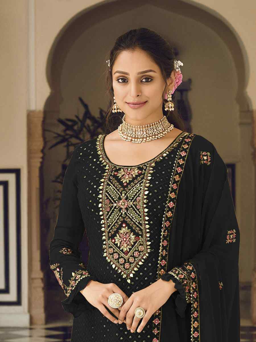 Black Heavy Faux Georgette Embroidered Festival Wedding Pant Salwar Kameez