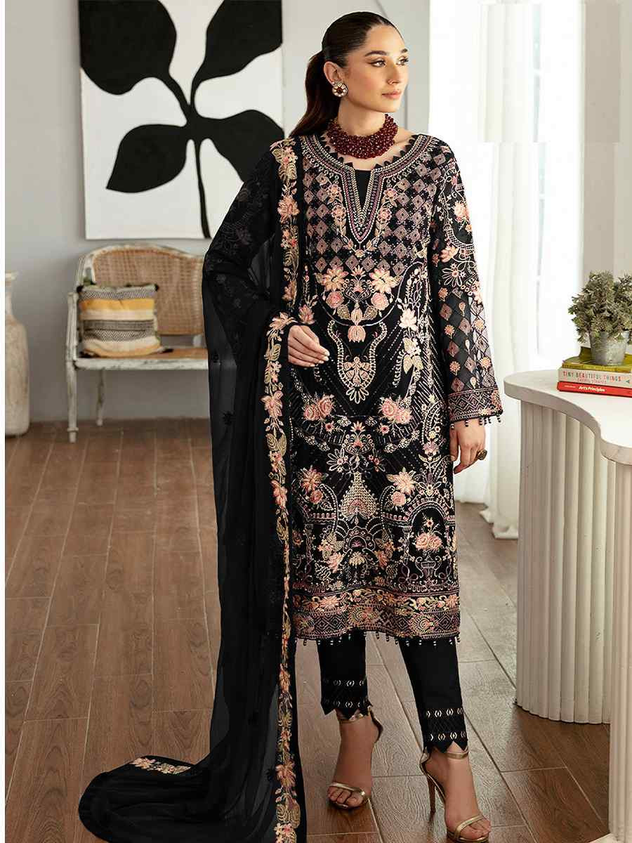 Black Heavy Faux Georgette Embroidered Festival Wedding Pant Salwar Kameez