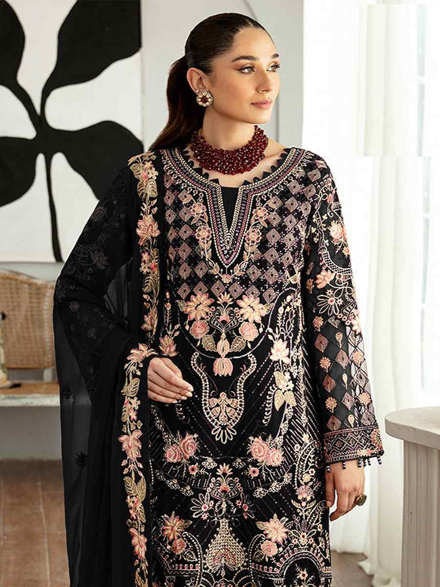 Black Heavy Faux Georgette Embroidered Festival Wedding Pant Salwar Kameez