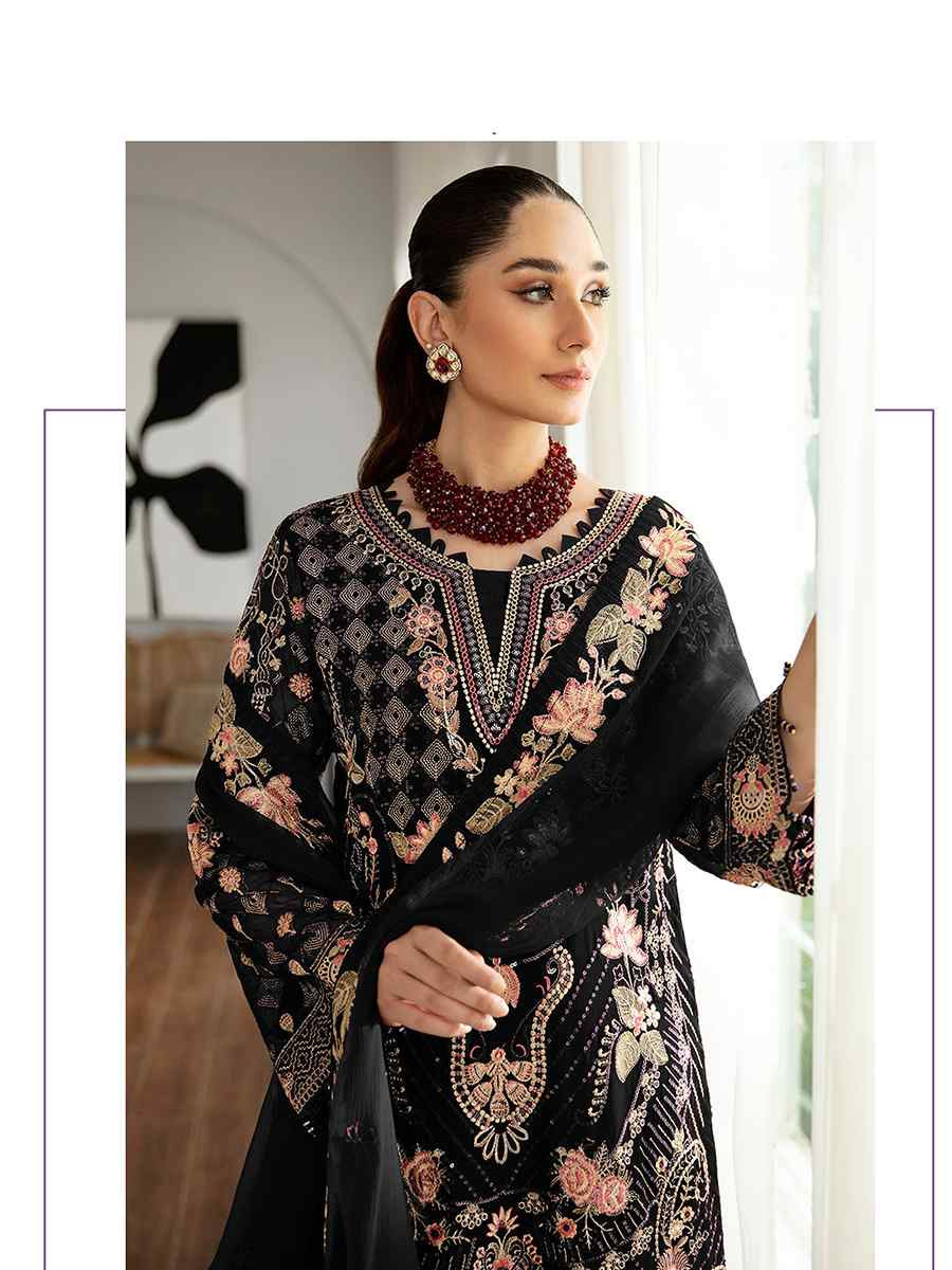 Black Heavy Faux Georgette Embroidered Festival Wedding Pant Salwar Kameez