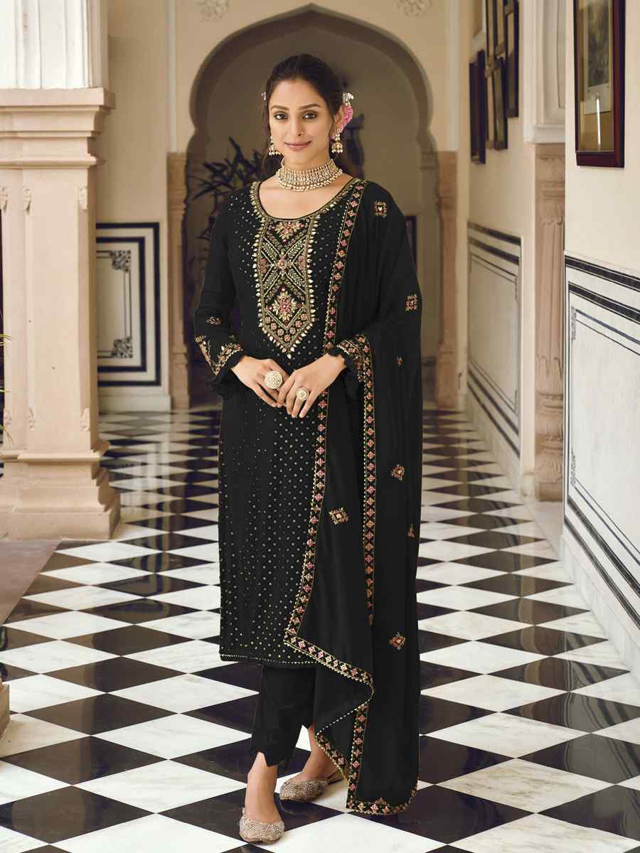 Black Heavy Faux Georgette Embroidered Festival Wedding Pant Salwar Kameez