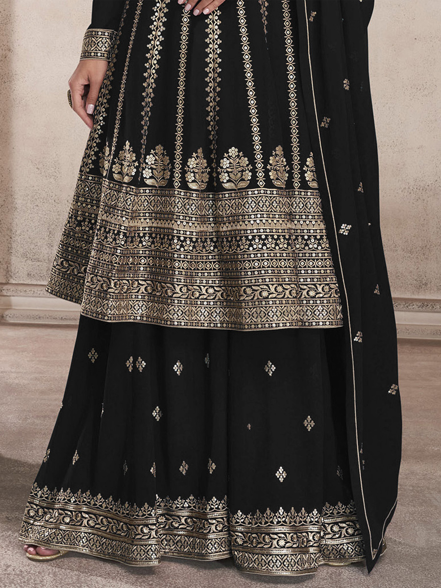 Black Heavy Faux Georgette Embroidered Festival Wedding Sharara Pant Salwar Kameez