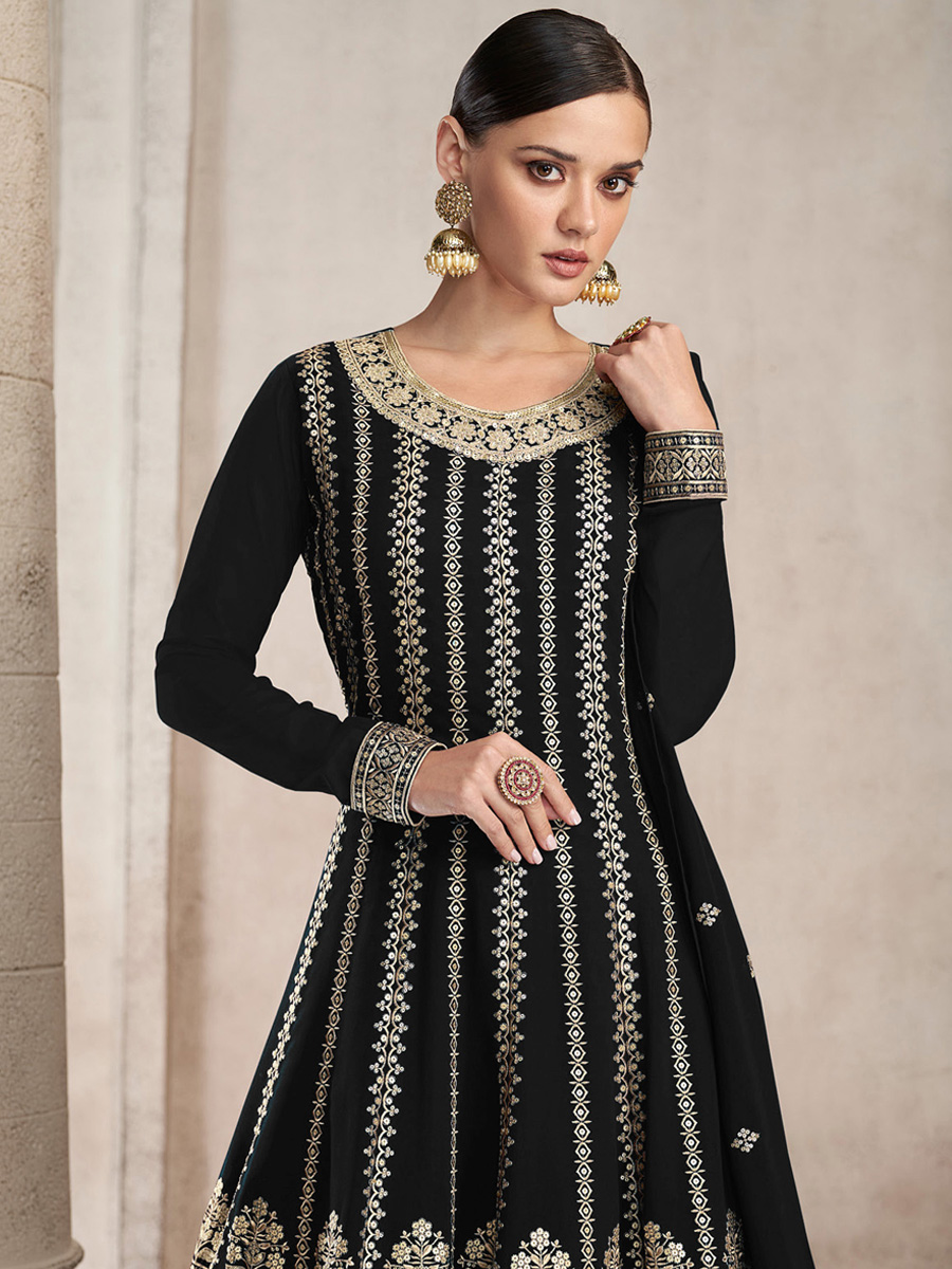 Black Heavy Faux Georgette Embroidered Festival Wedding Sharara Pant Salwar Kameez