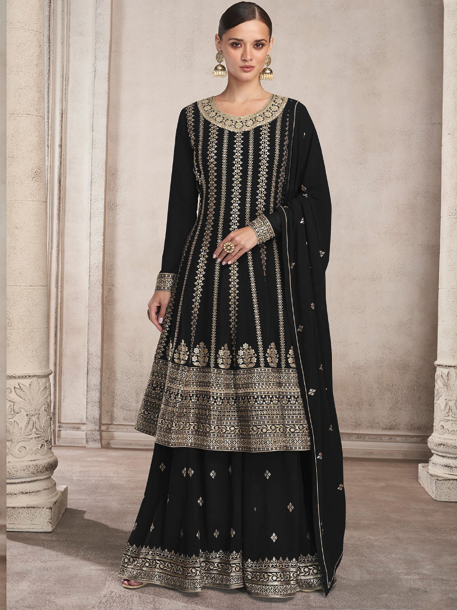Black Heavy Faux Georgette Embroidered Festival Wedding Sharara Pant Salwar Kameez