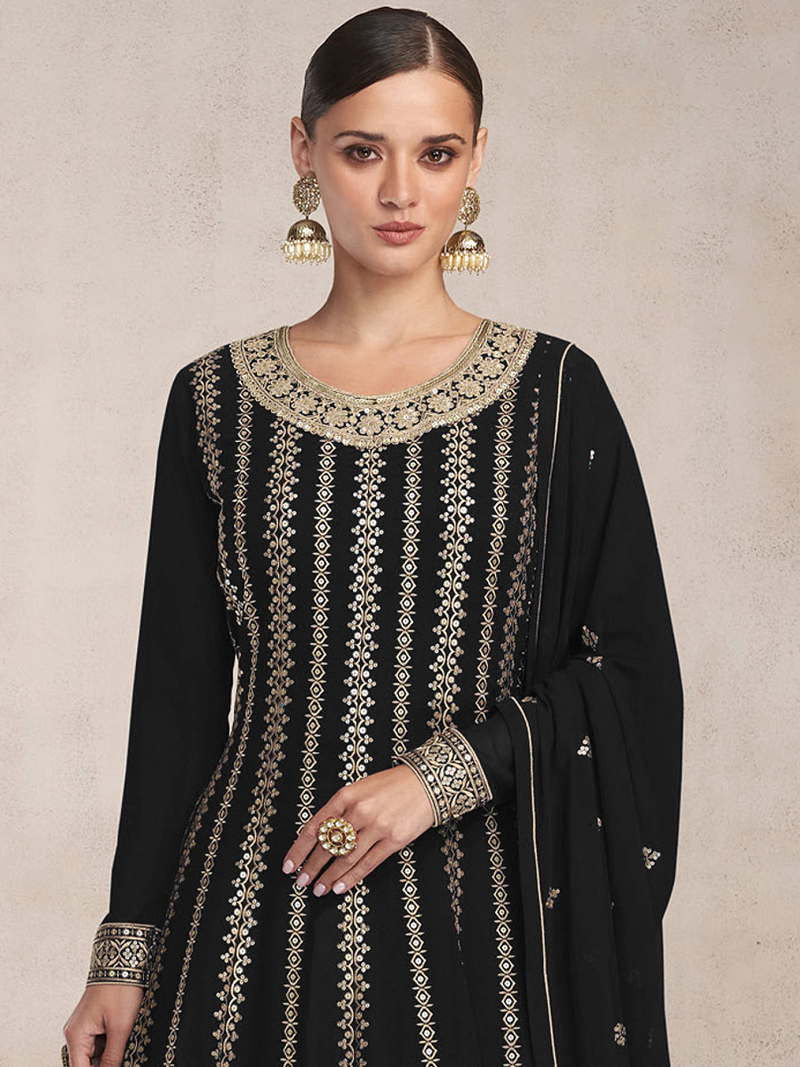 Black Heavy Faux Georgette Embroidered Festival Wedding Sharara Pant Salwar Kameez