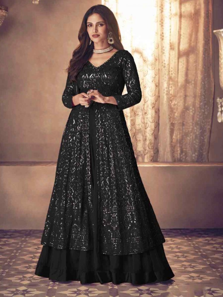 Black Heavy Faux Georgette Embroidered Party Engagement Lawn Salwar Kameez