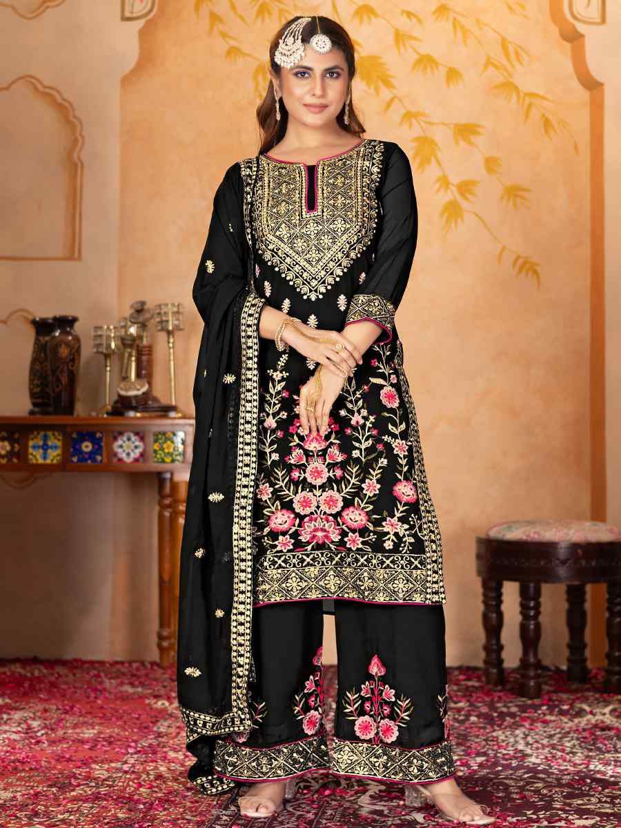 Black Heavy Faux Georgette Embroidered Party Wedding Ready Palazzo Pant Salwar Kameez