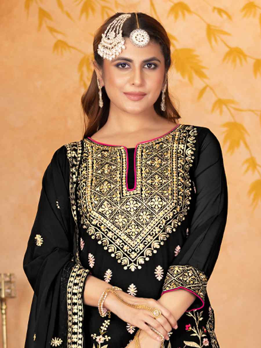 Black Heavy Faux Georgette Embroidered Party Wedding Ready Palazzo Pant Salwar Kameez