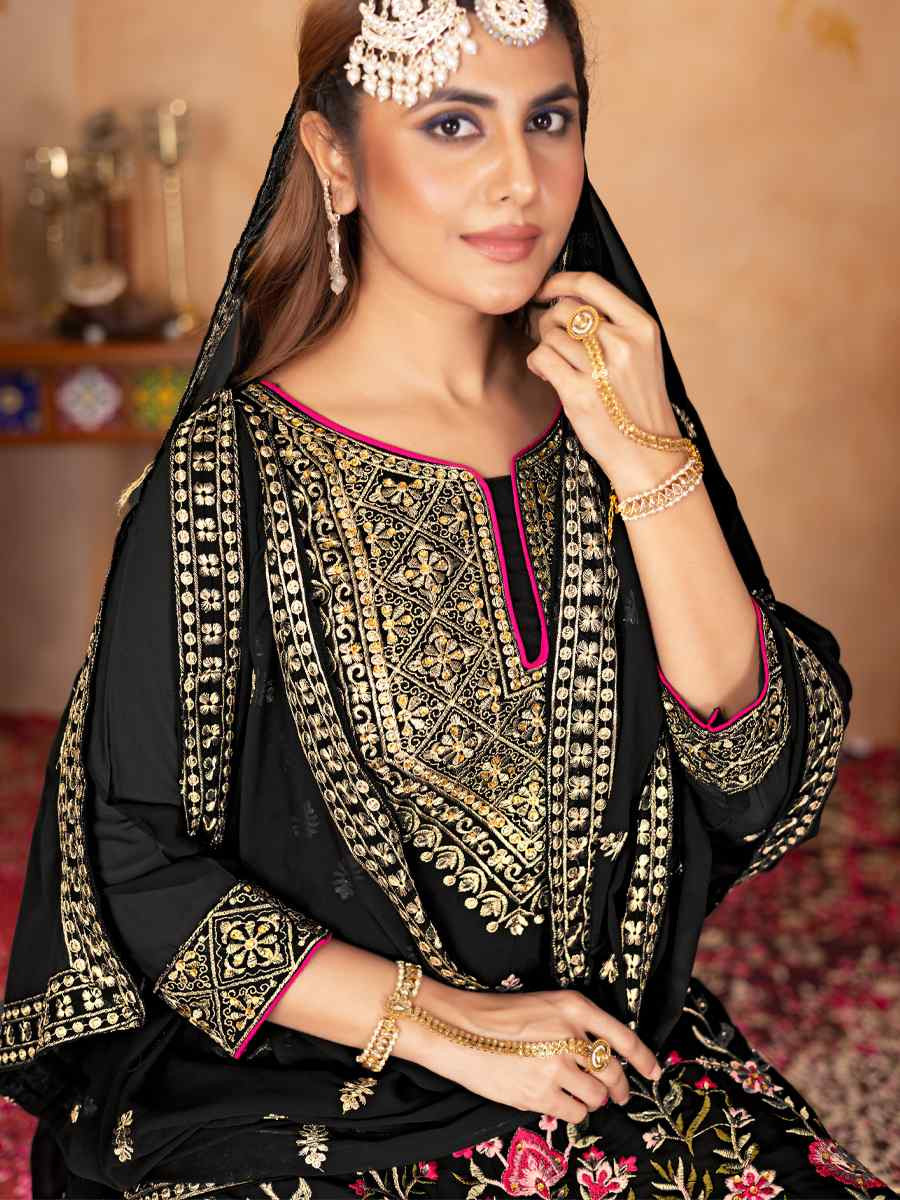 Black Heavy Faux Georgette Embroidered Party Wedding Ready Palazzo Pant Salwar Kameez