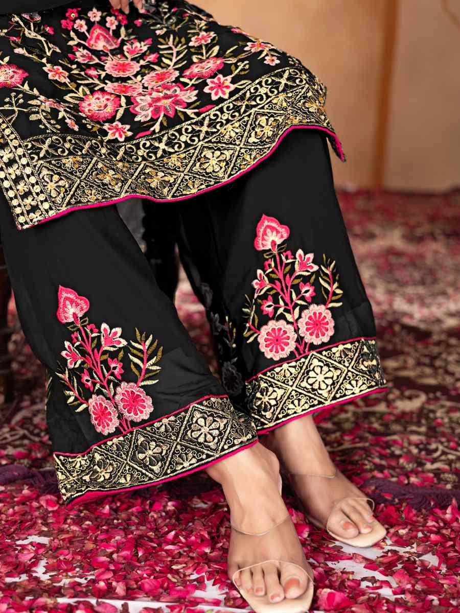 Black Heavy Faux Georgette Embroidered Party Wedding Ready Palazzo Pant Salwar Kameez