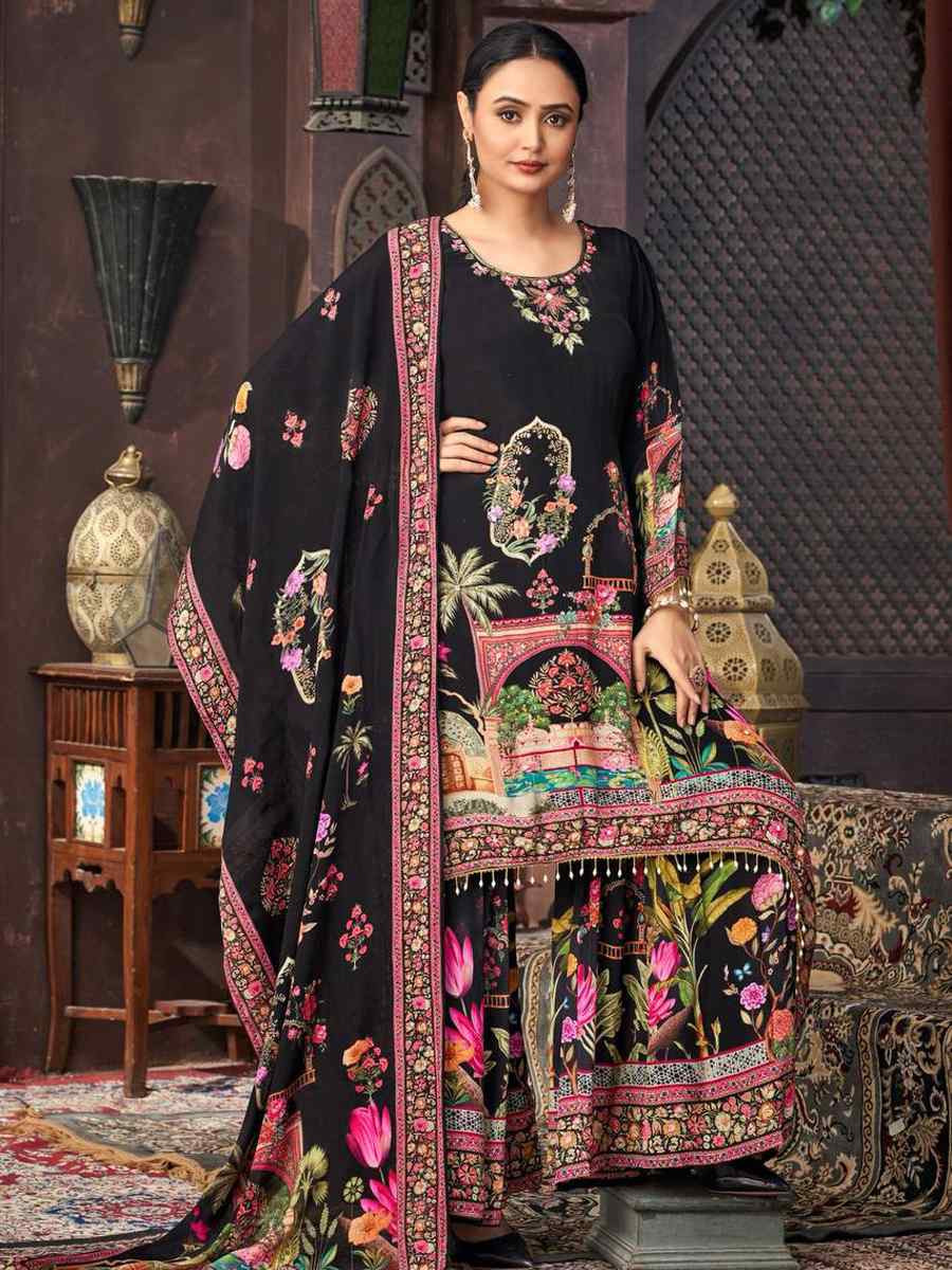 Black Heavy Faux Georgette Embroidered Party Wedding Ready Palazzo Pant Salwar Kameez