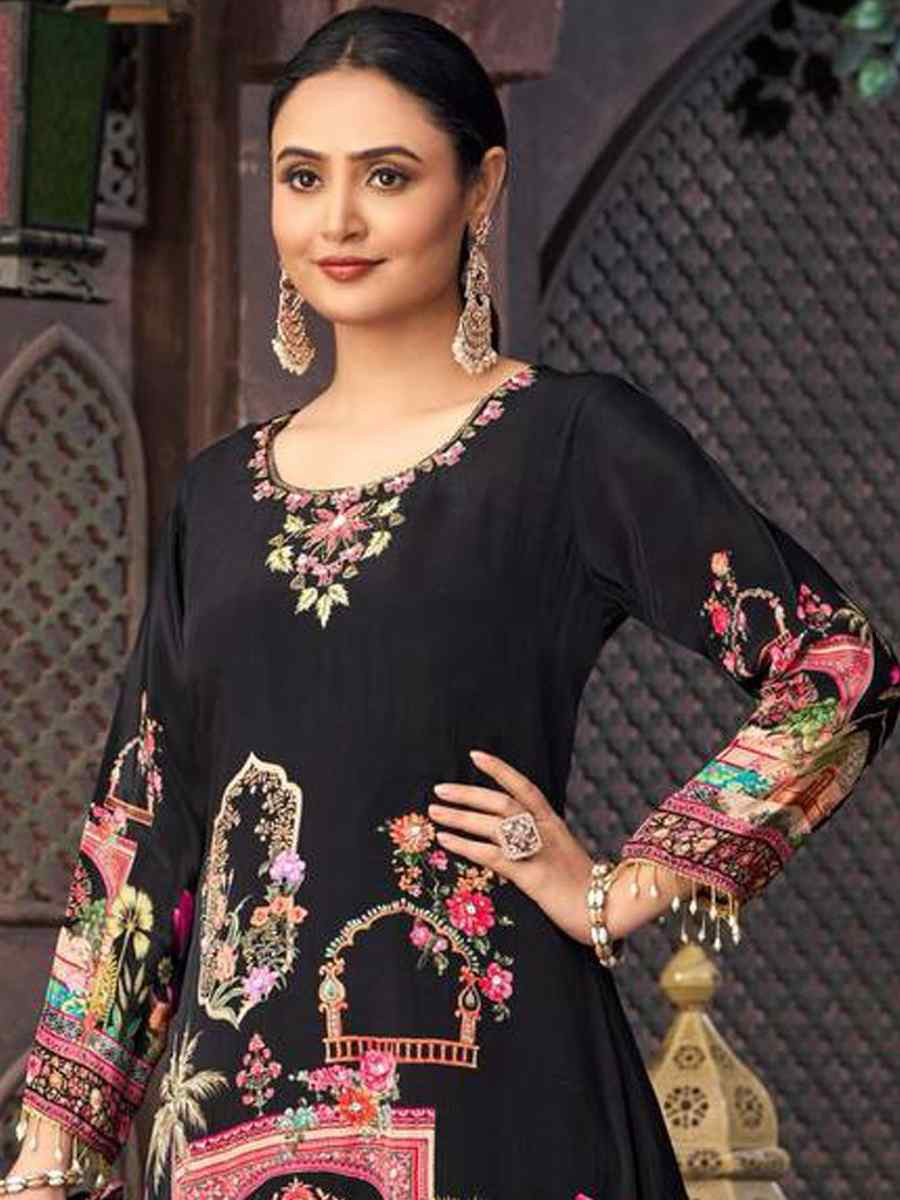 Black Heavy Faux Georgette Embroidered Party Wedding Ready Palazzo Pant Salwar Kameez