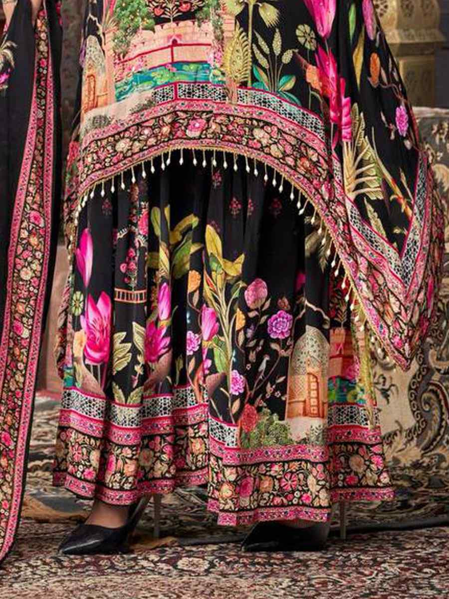 Black Heavy Faux Georgette Embroidered Party Wedding Ready Palazzo Pant Salwar Kameez