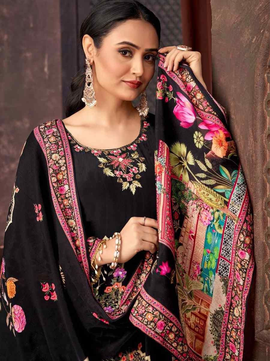 Black Heavy Faux Georgette Embroidered Party Wedding Ready Palazzo Pant Salwar Kameez