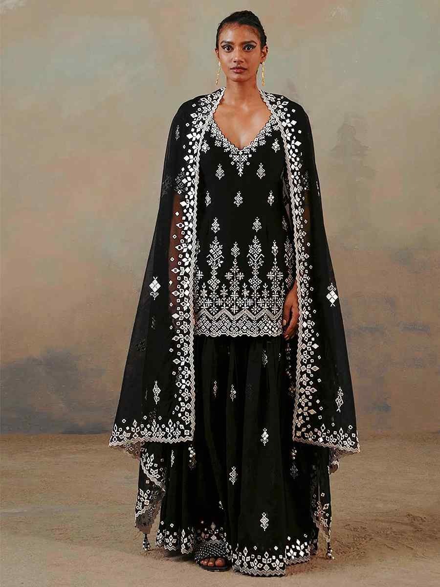 Black Heavy Faux Georgette Embroidered Wedding Festival Palazzo Pant Salwar Kameez