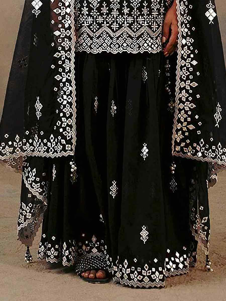 Black Heavy Faux Georgette Embroidered Wedding Festival Palazzo Pant Salwar Kameez