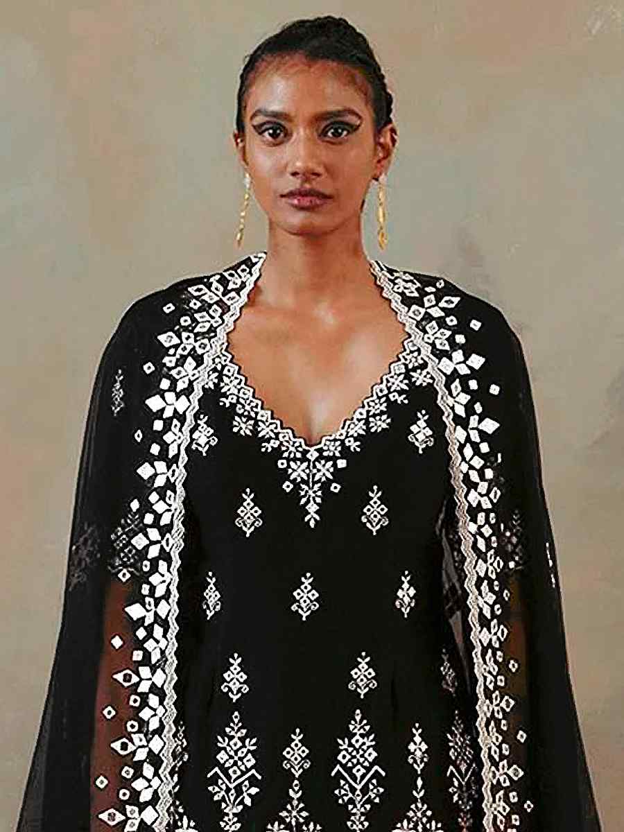 Black Heavy Faux Georgette Embroidered Wedding Festival Palazzo Pant Salwar Kameez