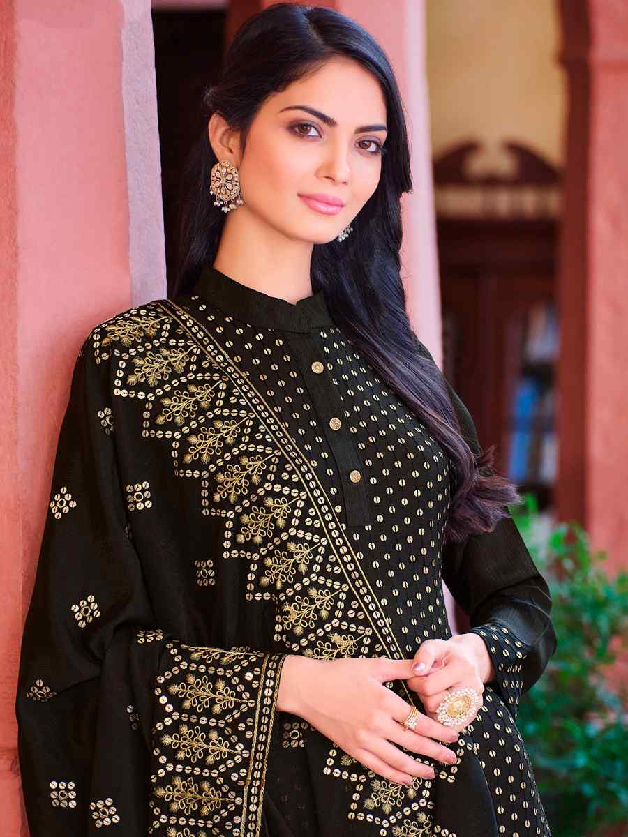 Black Heavy Faux Georgette Embroidered Wedding Festival Pant Salwar Kameez