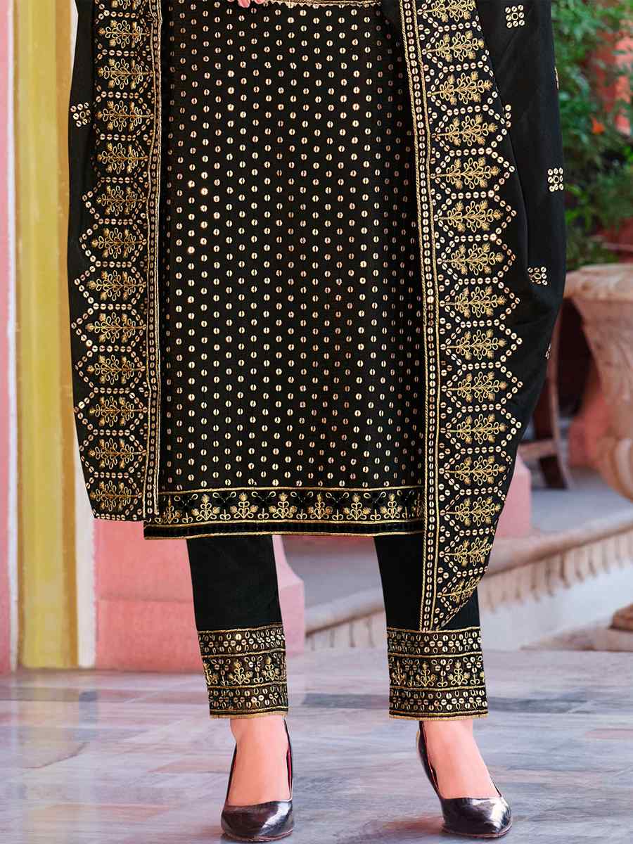 Black Heavy Faux Georgette Embroidered Wedding Festival Pant Salwar Kameez