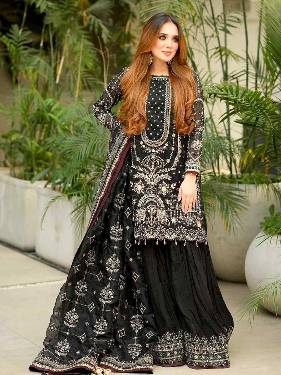 Black Heavy Faux Georgette Embroidery Party Wedding Festival Casual Ready Palazzo Pant Salwar Kameez