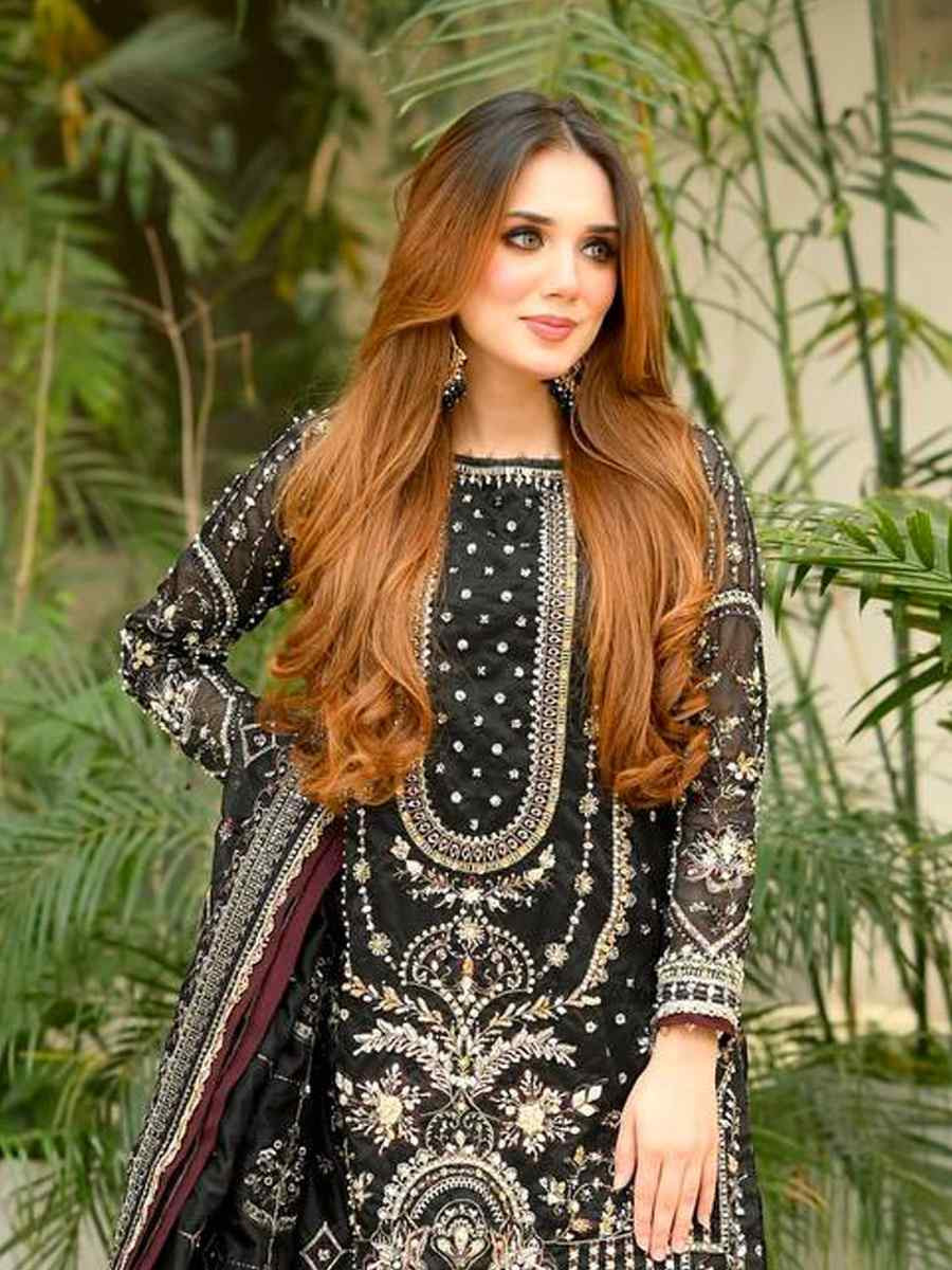 Black Heavy Faux Georgette Embroidery Party Wedding Festival Casual Ready Palazzo Pant Salwar Kameez