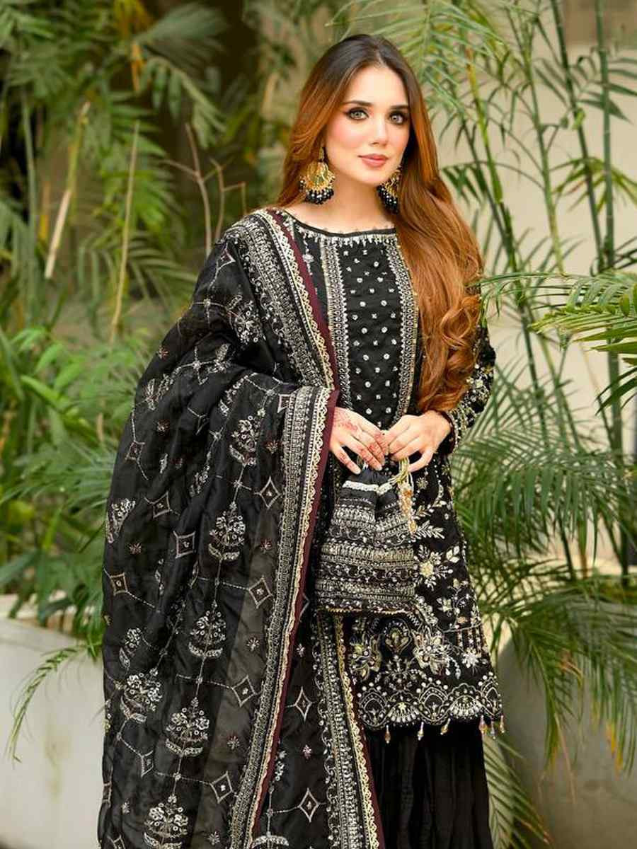 Black Heavy Faux Georgette Embroidery Party Wedding Festival Casual Ready Palazzo Pant Salwar Kameez