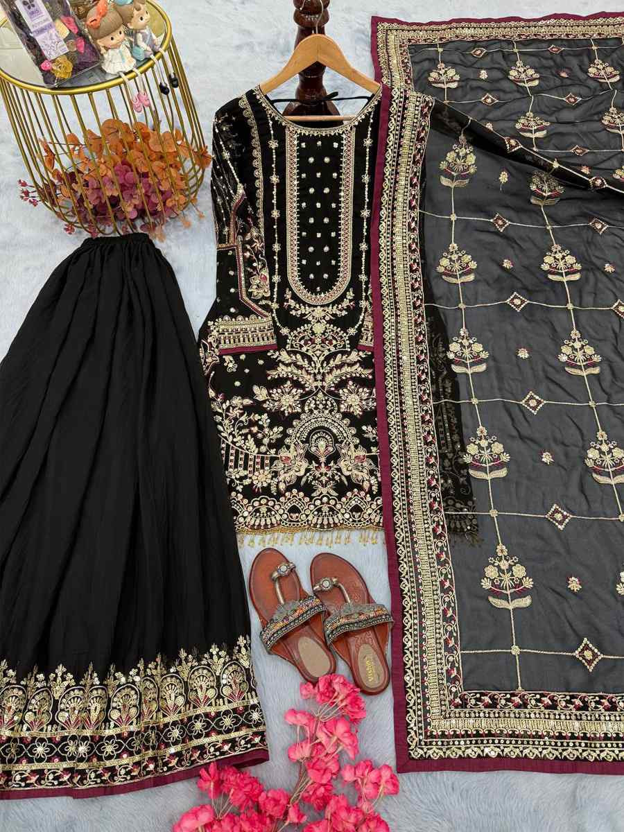 Black Heavy Faux Georgette Embroidery Party Wedding Festival Casual Ready Palazzo Pant Salwar Kameez