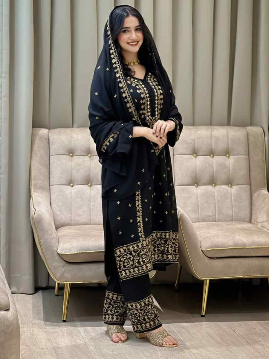Black Heavy Foux Georgette Embroidery Party Wedding Festival Casual Ready Pant Salwar Kameez