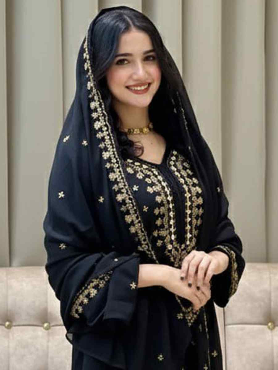 Black Heavy Foux Georgette Embroidery Party Wedding Festival Casual Ready Pant Salwar Kameez