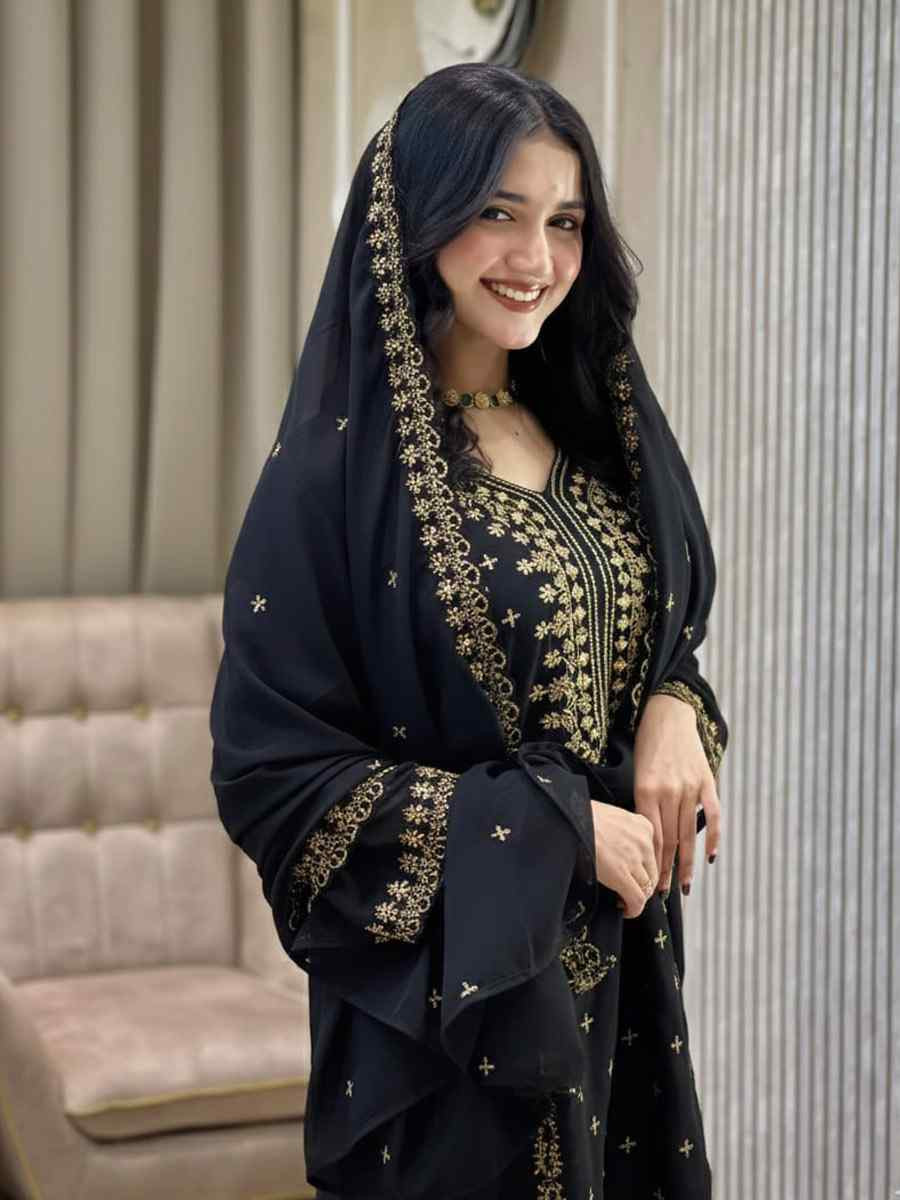 Black Heavy Foux Georgette Embroidery Party Wedding Festival Casual Ready Pant Salwar Kameez