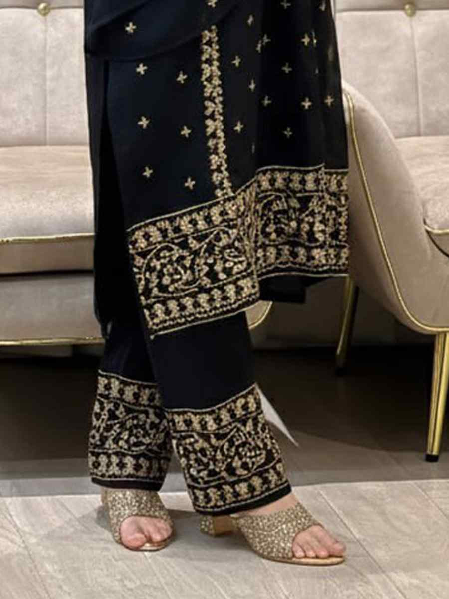 Black Heavy Foux Georgette Embroidery Party Wedding Festival Casual Ready Pant Salwar Kameez