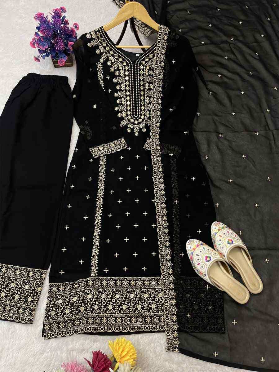 Black Heavy Foux Georgette Embroidery Party Wedding Festival Casual Ready Pant Salwar Kameez