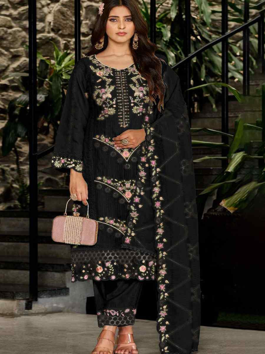 Black Heavy Fox Georgette Embroidered Festival Wedding Pant Salwar Kameez