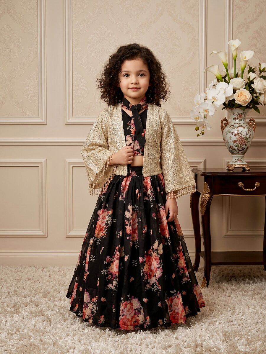Black Heavy Fox Georgette Embroidered Sequins Ethnic Casual Festival Party Wedding Lehengas Girls Wear