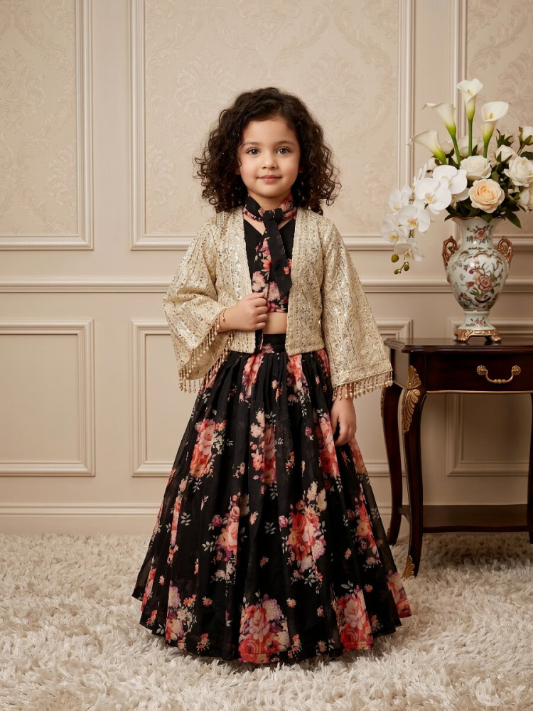 Image of Black Heavy Fox Georgette Embroidered Sequins Ethnic Casual Festival Party Wedding Lehengas Girls Wear