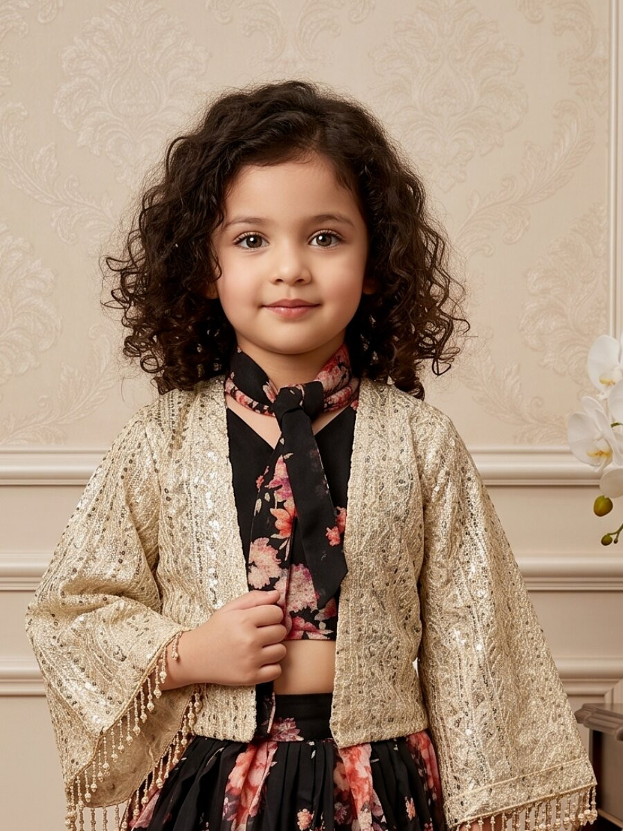 Black Heavy Fox Georgette Embroidered Sequins Ethnic Casual Festival Party Wedding Lehengas Girls Wear