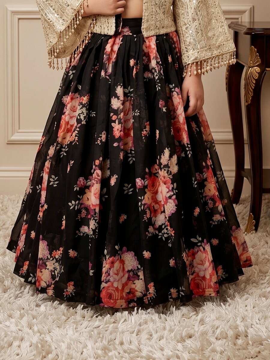 Black Heavy Fox Georgette Embroidered Sequins Ethnic Casual Festival Party Wedding Lehengas Girls Wear